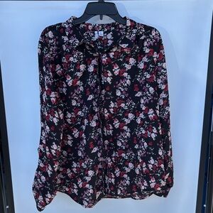Elle Black Floral Tie-Neck Blouse with Pink and Red Blossoms